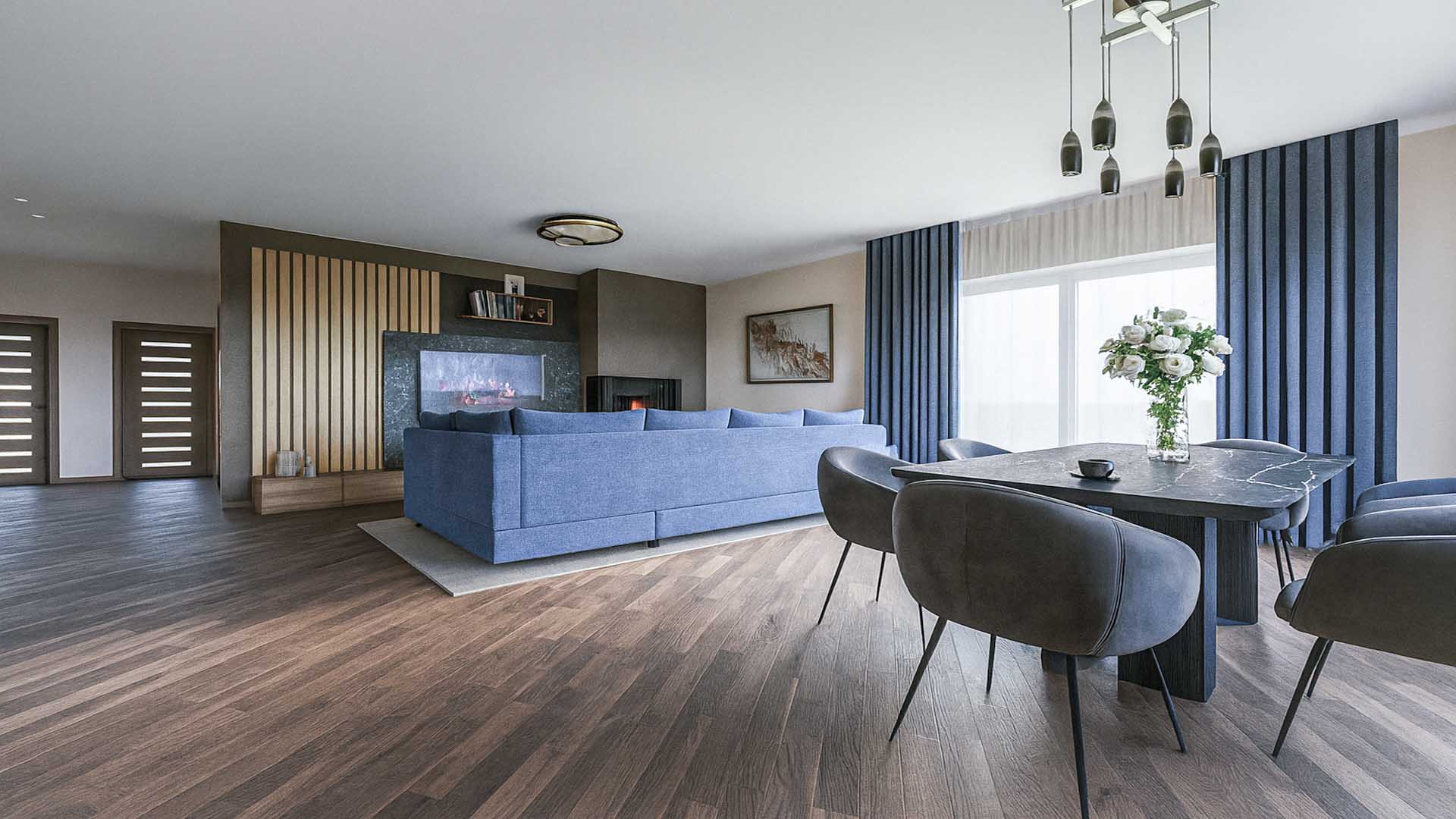 Svetainės, valgomojo ir virtuvės dizainas atviro plano erdvėje